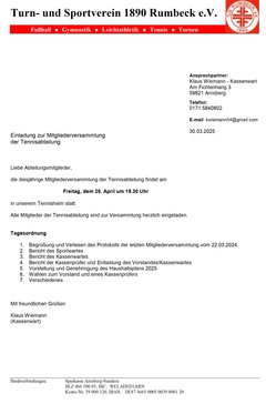 Einladung Mitgliederversammlung Tennis 2025
